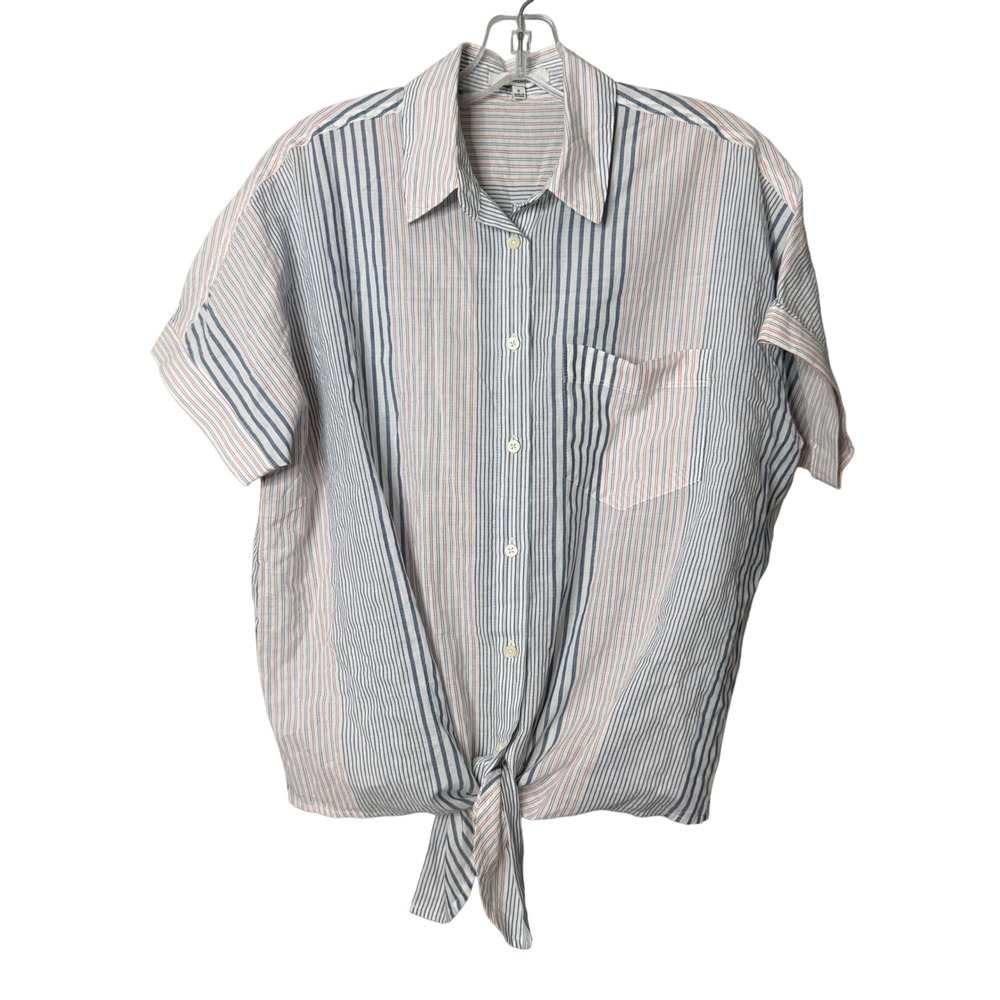 Madewell Striped Tie Front Shirt Women Size S Blue Red Short Sleeve Button Down